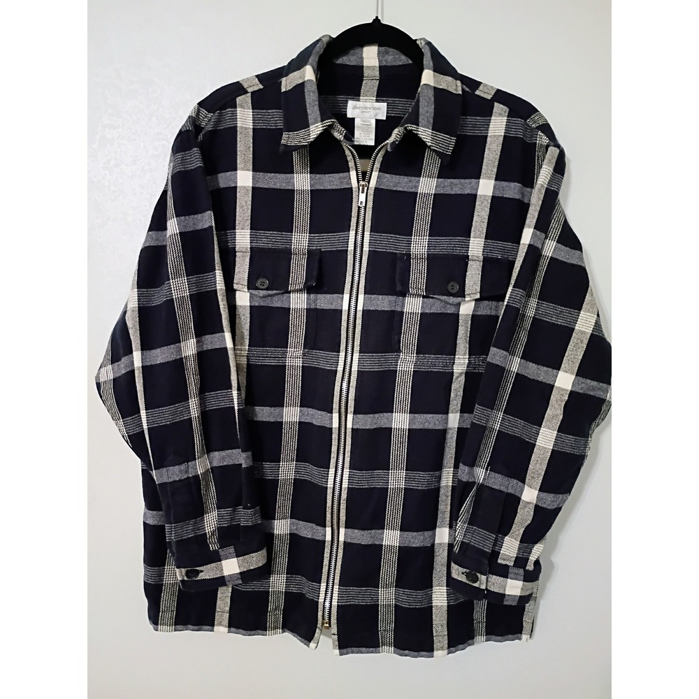 JONES NEW YORK SPORT Womens Plaid Zip Up Flannel Shirt Jacket L Navy Cream